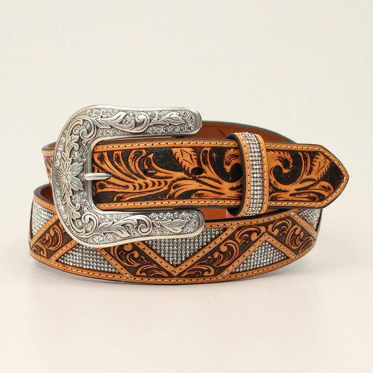 Women's Angel Ranch Leather ZIG ZAG FLORAL TOOLED BELT w/ Stones