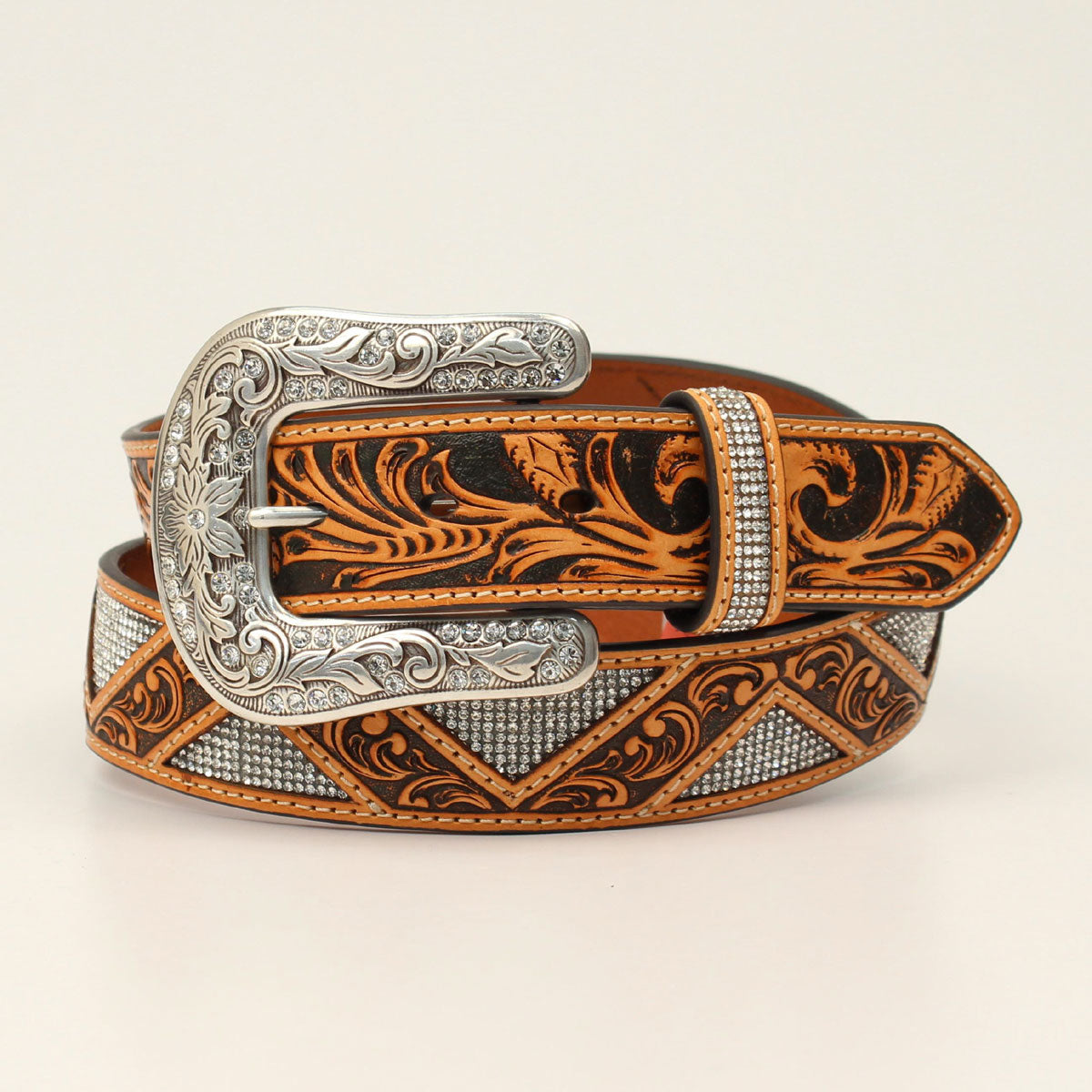 Women's Angel Ranch Leather ZIG ZAG FLORAL TOOLED BELT w/ Stones