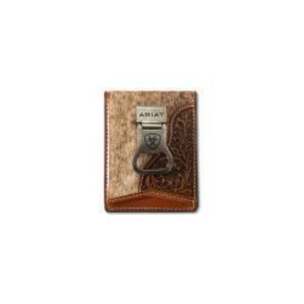 Ariat Mens Money Clip Style Wallet Laser Etched Shield Brown
