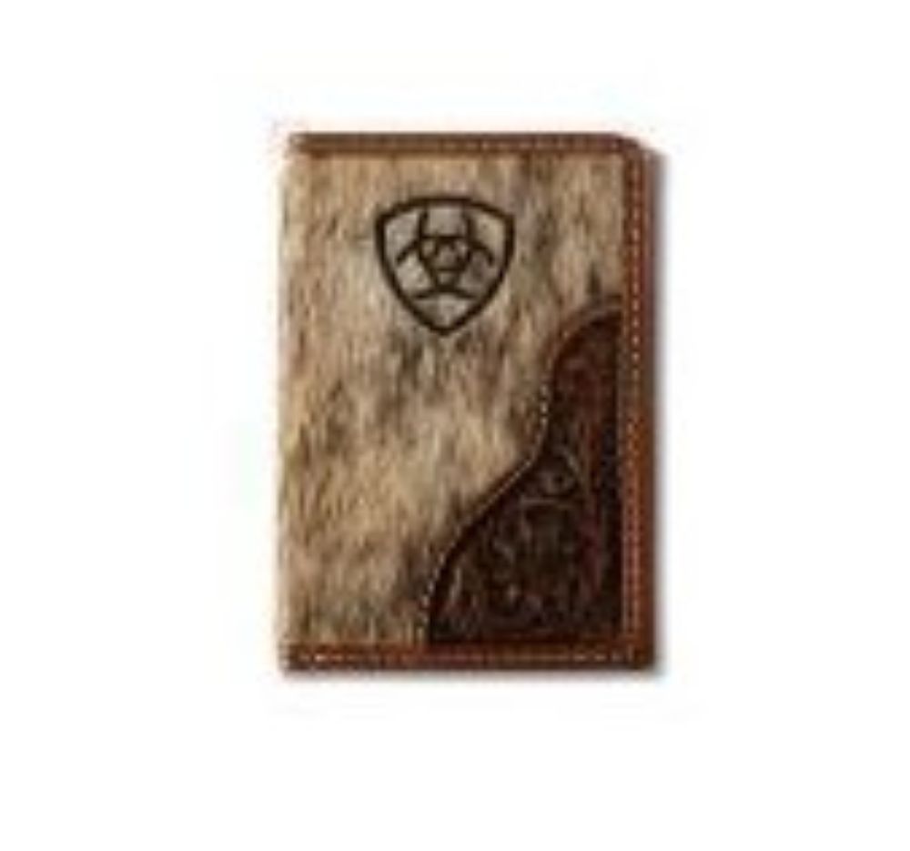 Ariat Mens Trifold Style Wallet Laser Etched Shield Brown