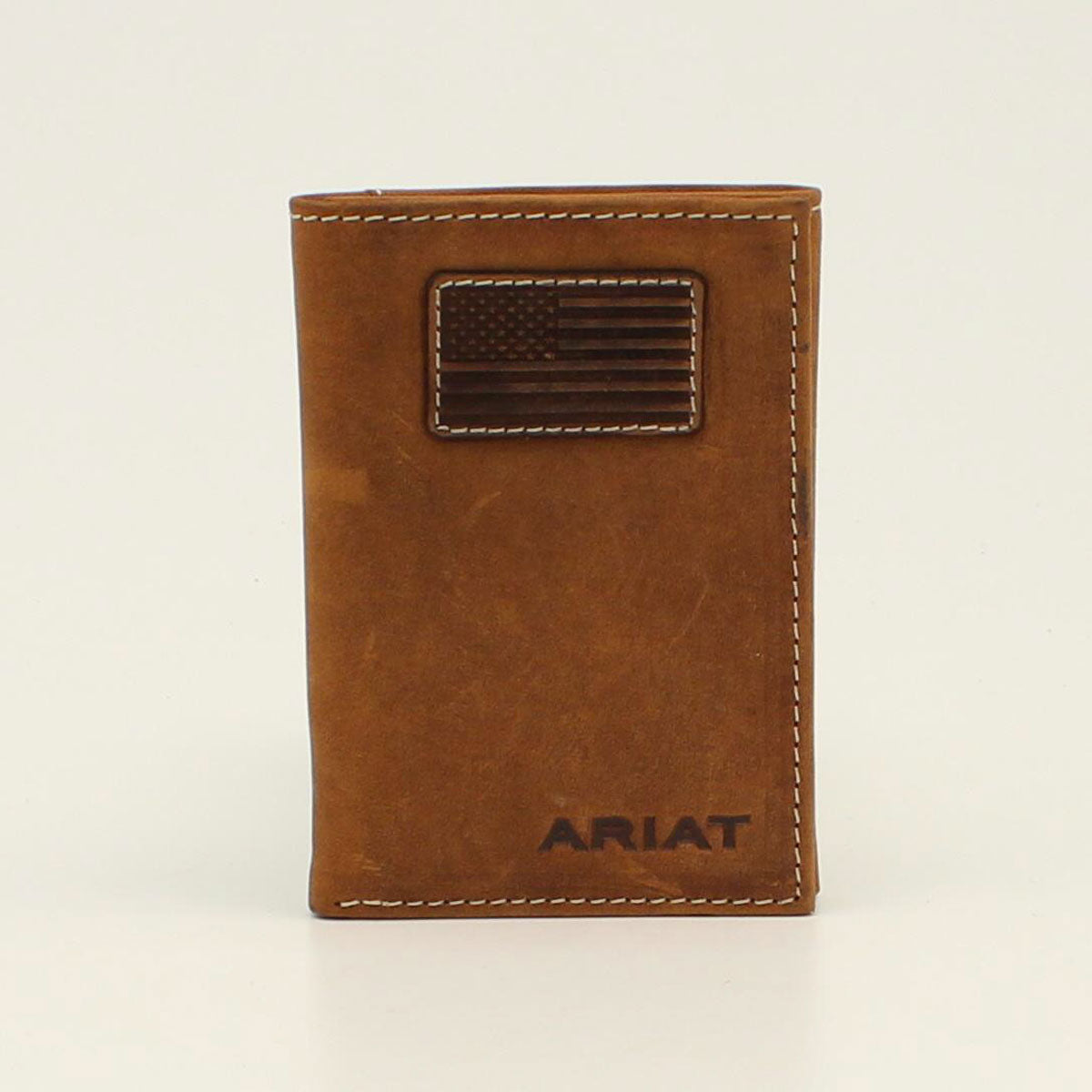 ARIAT MENS TRIFOLD WALLET FLAG PATCH LOGO BROWN