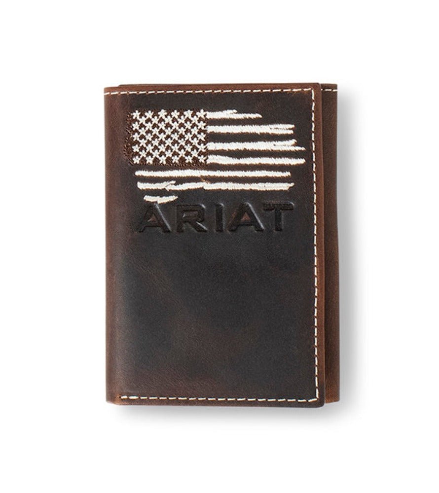 Men's Ariat Brown Trifold Wallet w/ American Flag