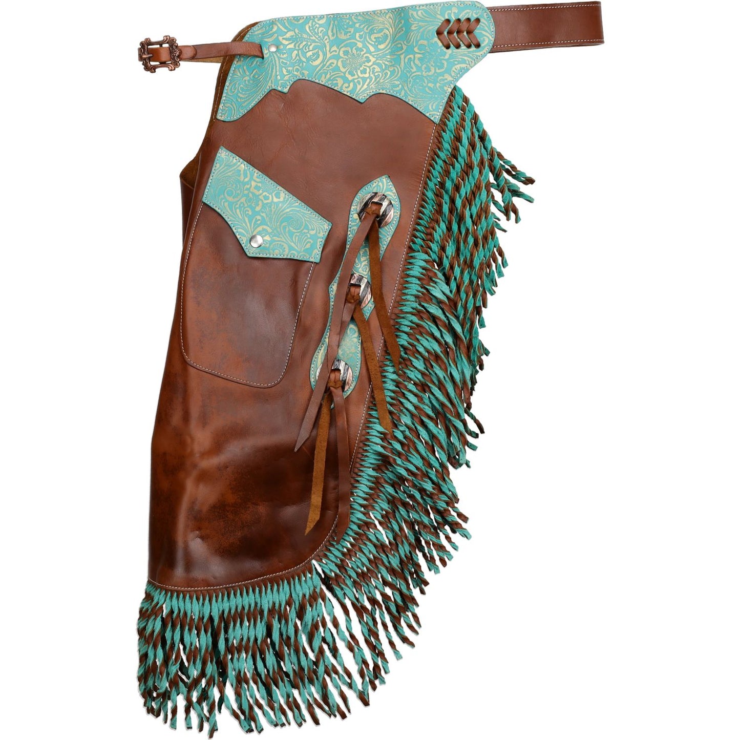 Showman Teal Rose Brown Smooth Leather Chinks Adult