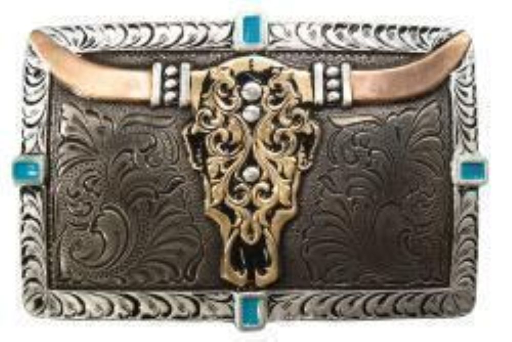 Crumrine Rectangle Buckle Cow Skull Turquoise Buckle