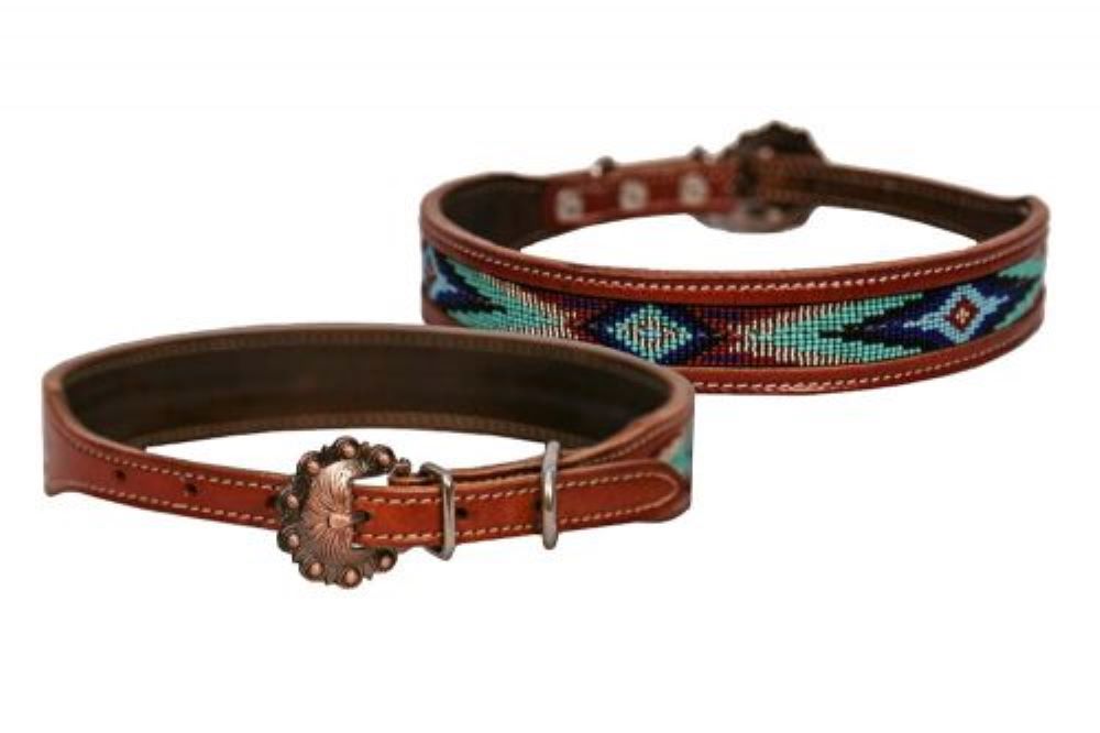 Genuine Leather Dog Collar w/ Turquoise beaded inlay