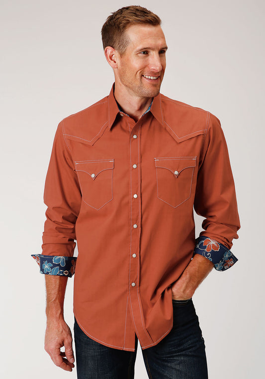 Roper Men's Solid Orange Poplin Snap Up Western Shirt