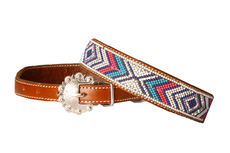 Showman Turquoise/Navy/Pink & White Beaded Genuine Leather Dog Collar