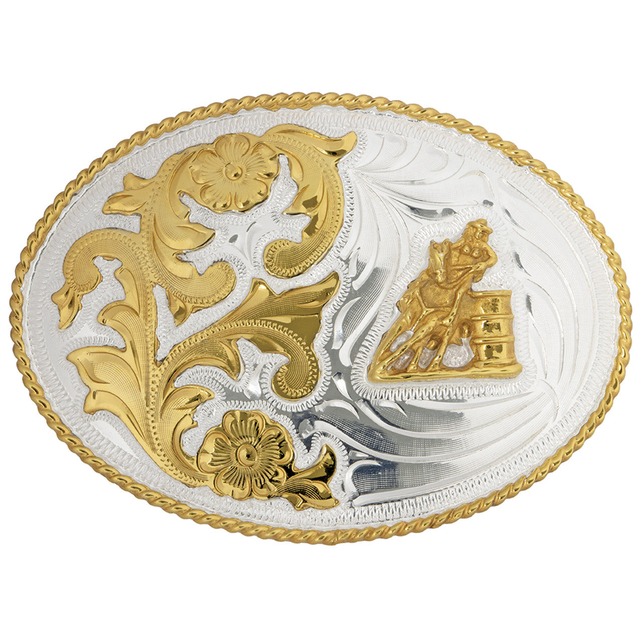 Barrel Racer German Silver Belt Buckle with Floral Scrolls