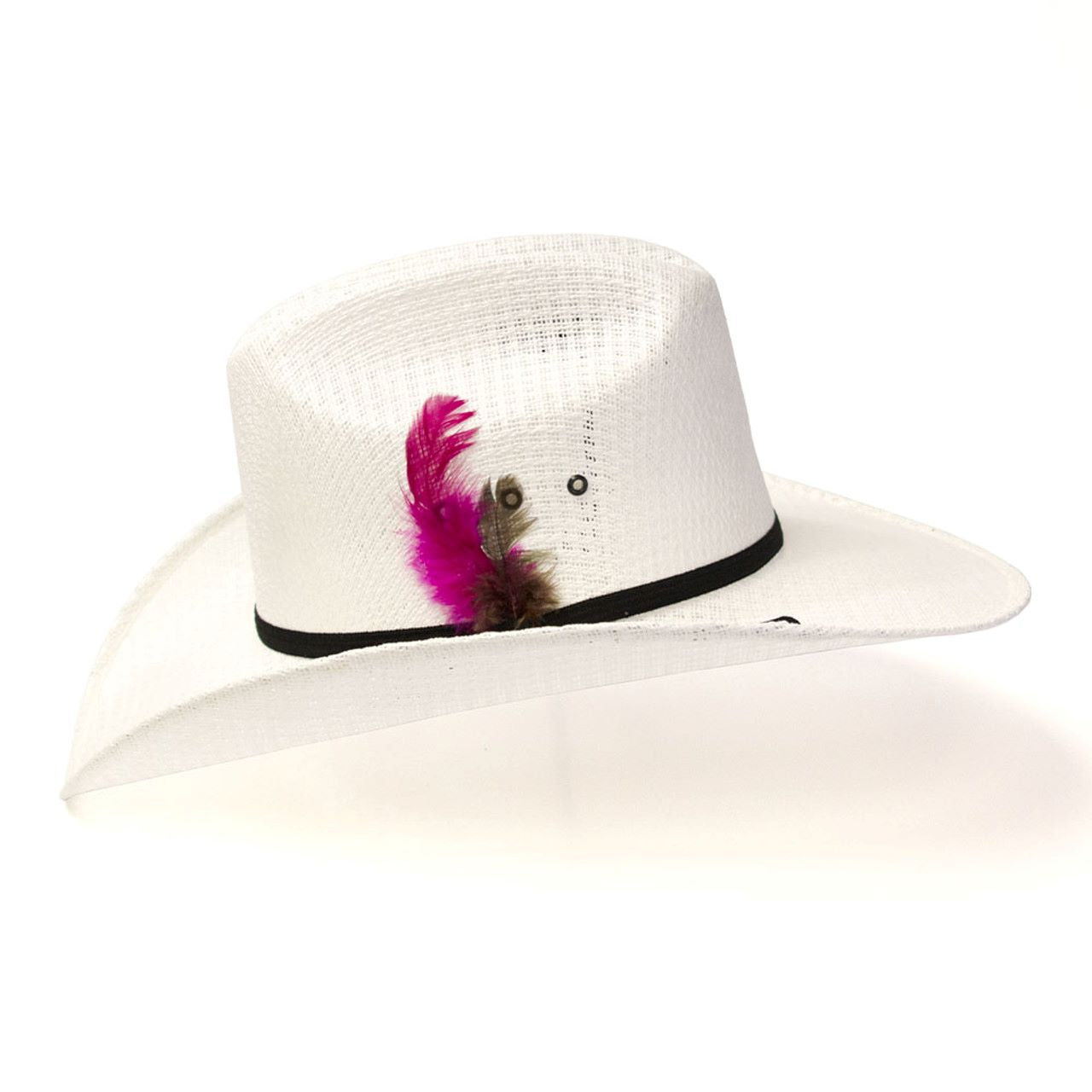 Youth Kids White Straw Western Cattleman Hat w/ Feather