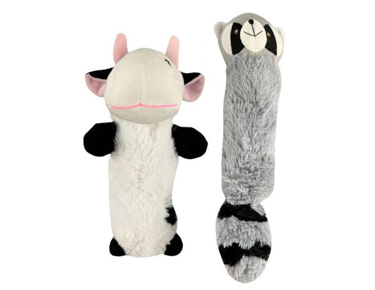 Cow or Raccoon Plush Dog Toy squeaker & water bottle inside