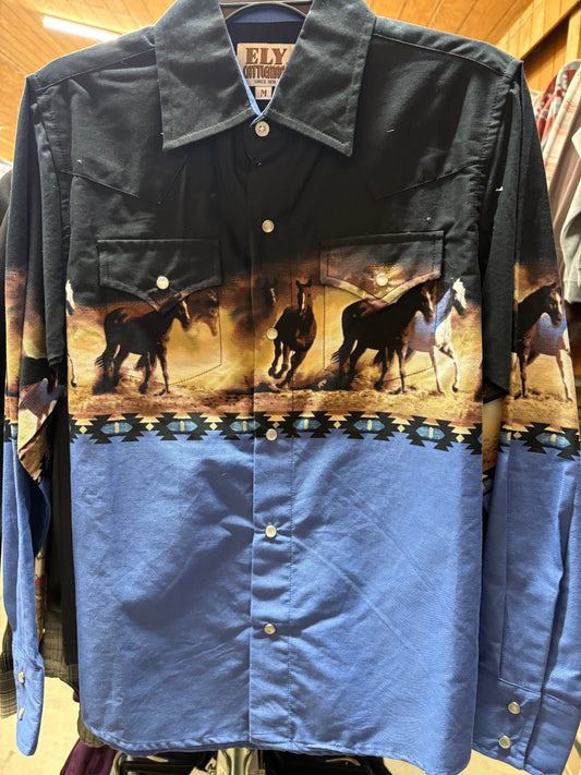 Cumberland Outfitters' Youth Boy's Black & Blue 'Wild Horses' Western Shirt