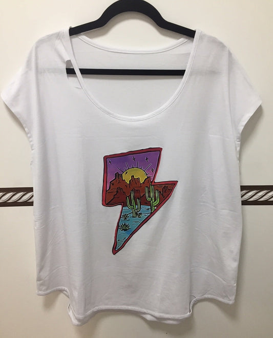 Women's White Western Scene Lightning Bolt Ripped Shirt