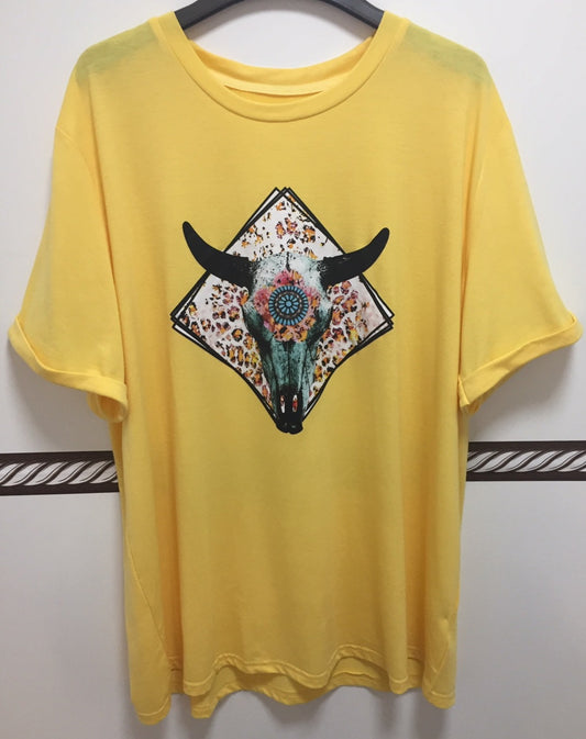 SALE Women's Yellow Aztec Bull Skull Shirt