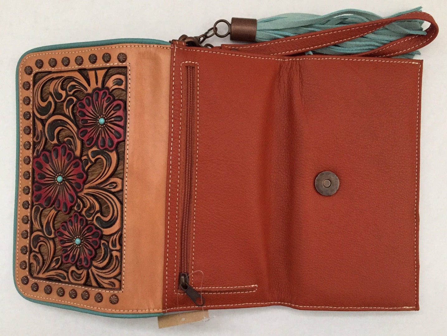 Women's Ariat GENUINE LEATHER CLUTCH WALLET w/ Floral tooling Calf hair