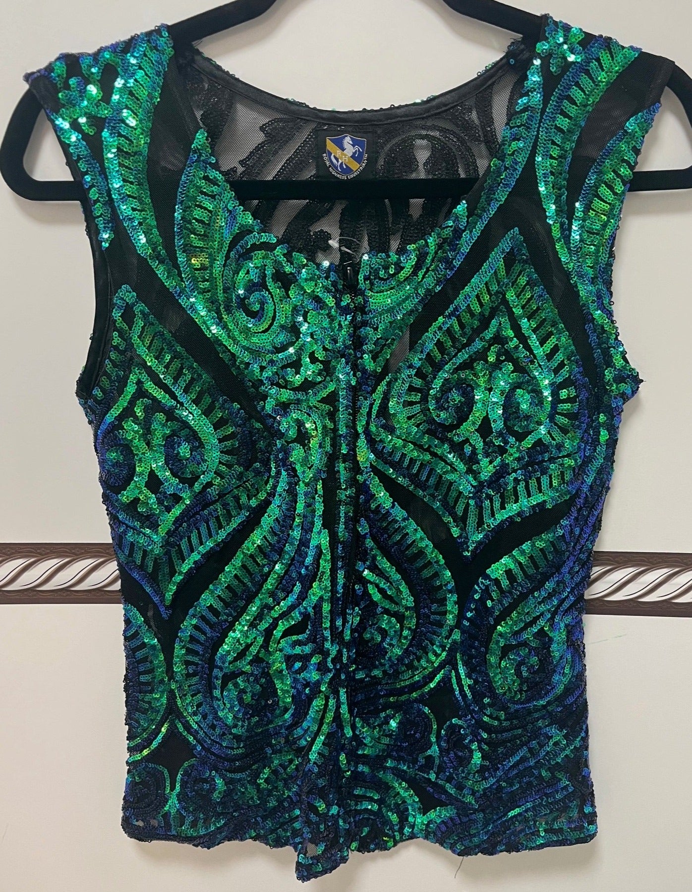 Women's Green Paisley Show Vest w/ Sequences, Size Small