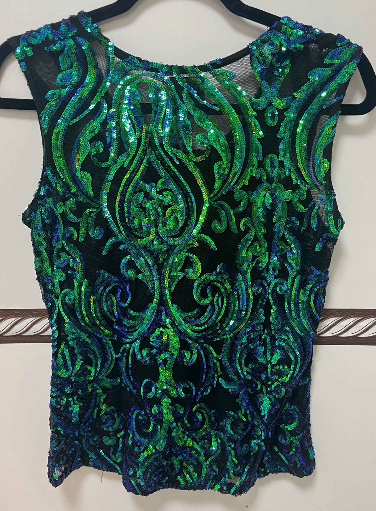 Women's Green Paisley Show Vest w/ Sequences, Size Small