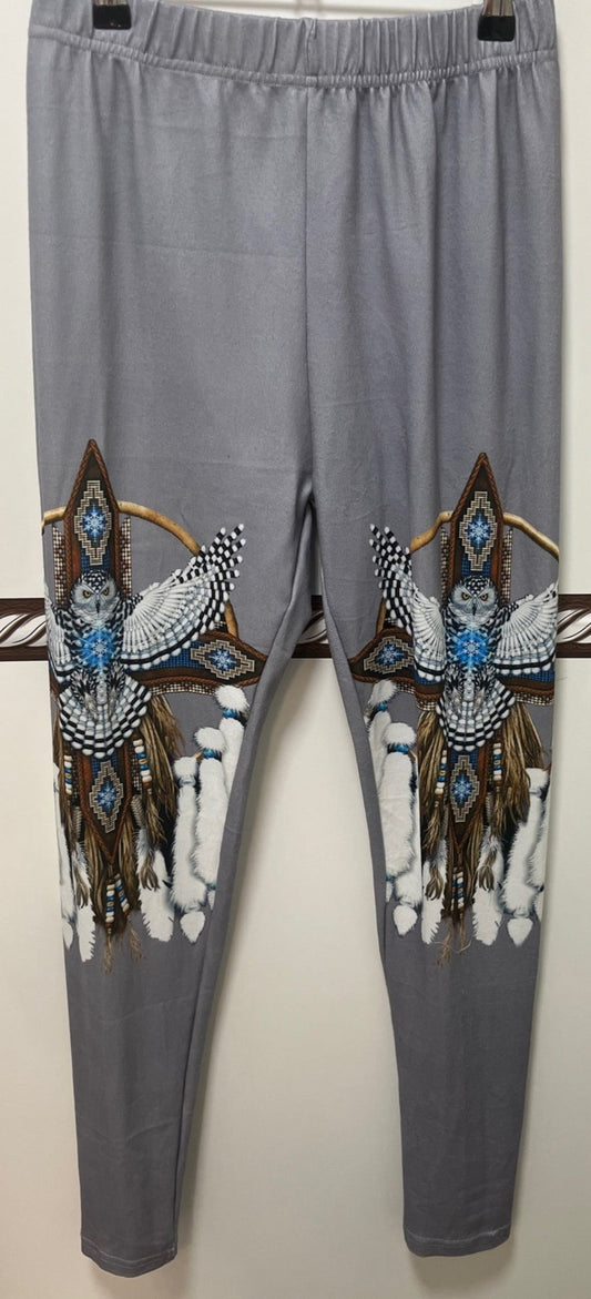 Women's Grey Leggings w/ Owl Aztec design