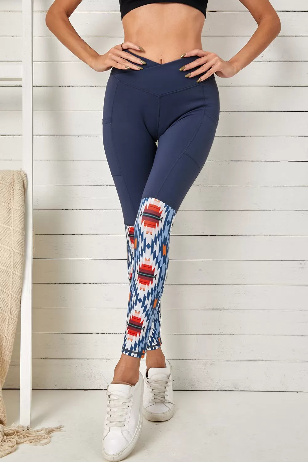 Women's High Waist Leggings w/ Crossover patchwork