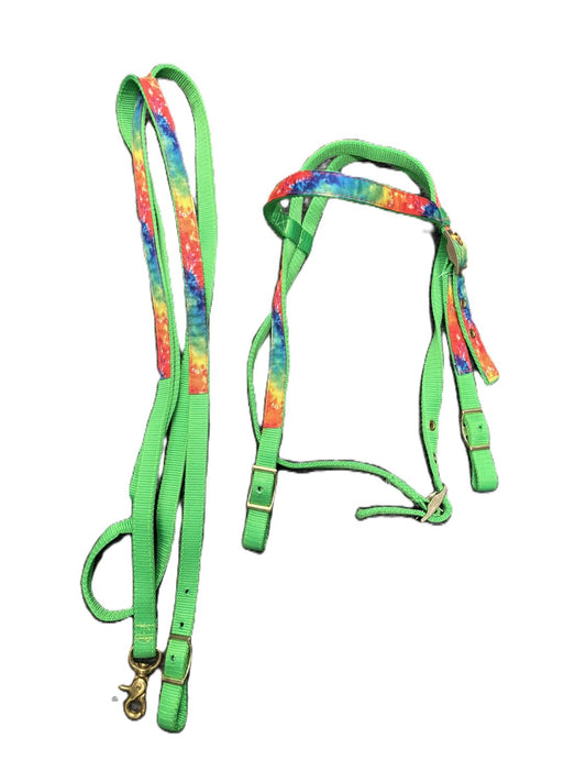 Ronmar Nylon Pony Bridle & Barrel Reins Neon Green Tie Dye
