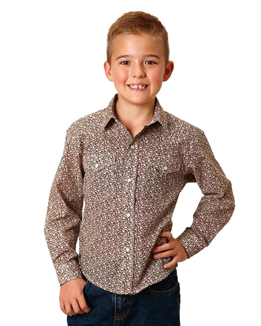 Roper Boy's Brown & Cream Floral Print Western Shirt