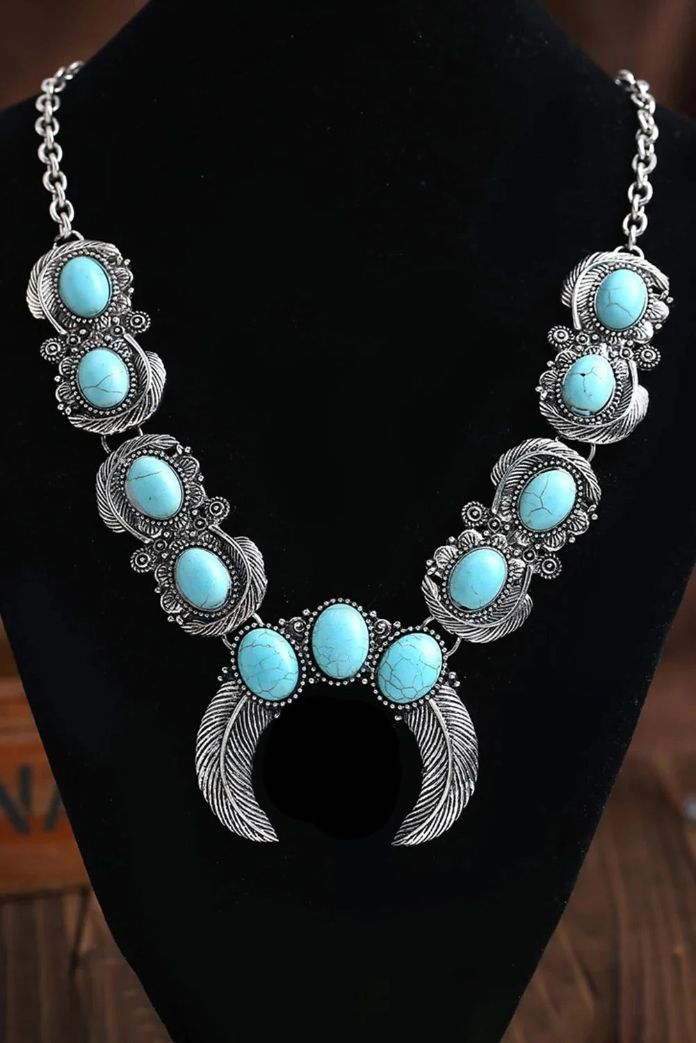 Squash Blossom Turquoise Stone Engraved Feather Necklace