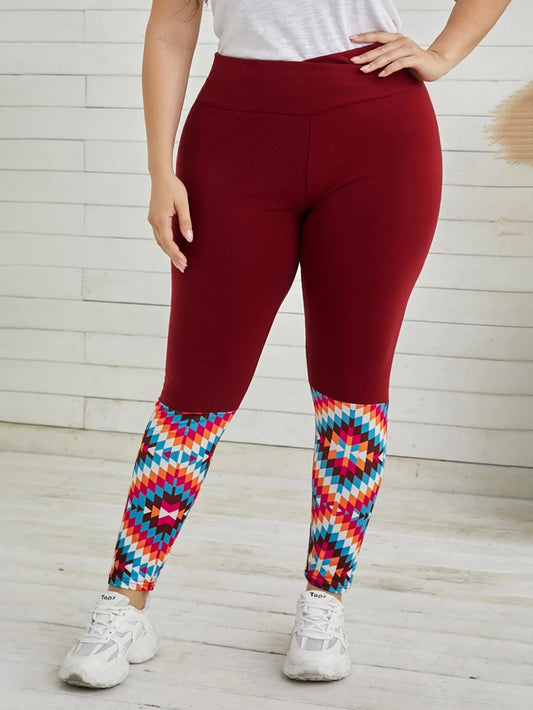 Women's Plus Size Burgundy High Waist Leggings w/ Aztec design