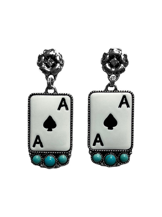 Silver Strike Ladies Earrings Ace Card Turquoise Stone Black and White