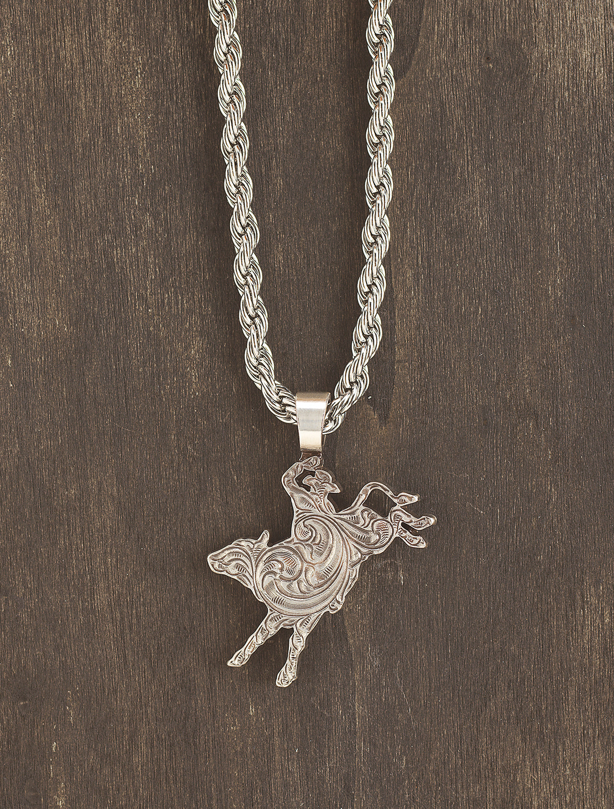 Silver Strike Mens Necklace 24" Engraved Bull Rider