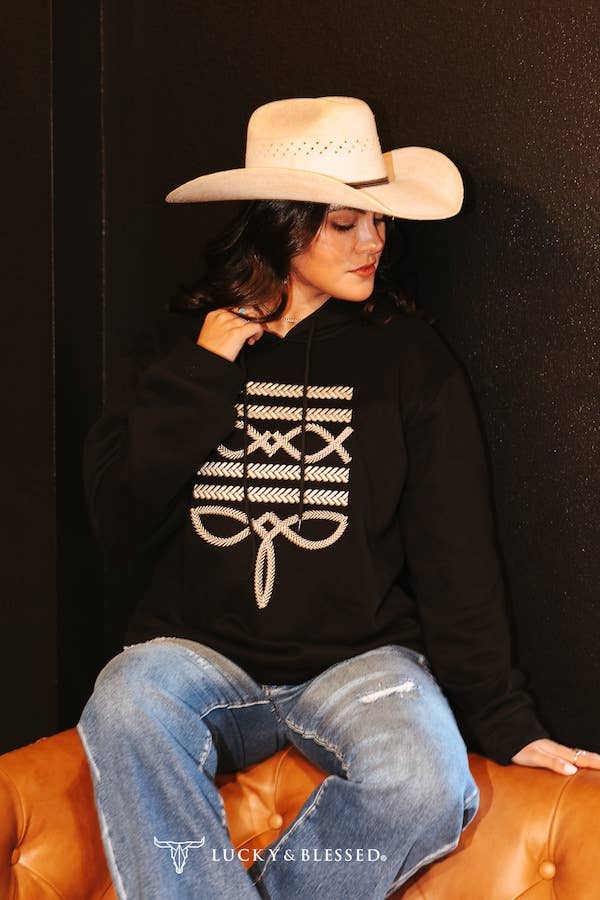 Black Hoodie W Ivory Boot Stitch Embroidery