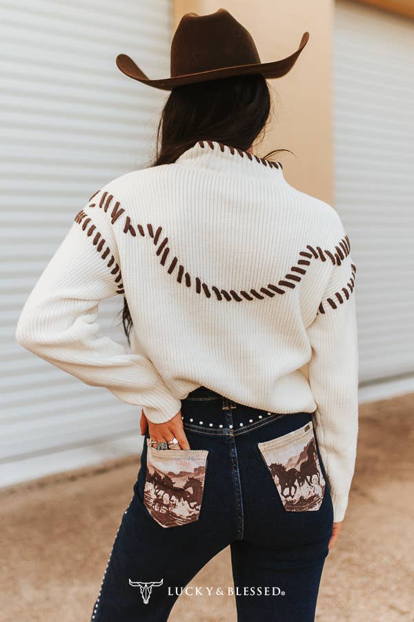 Ivory Brown Western Buckstitch Button Neck Sweater