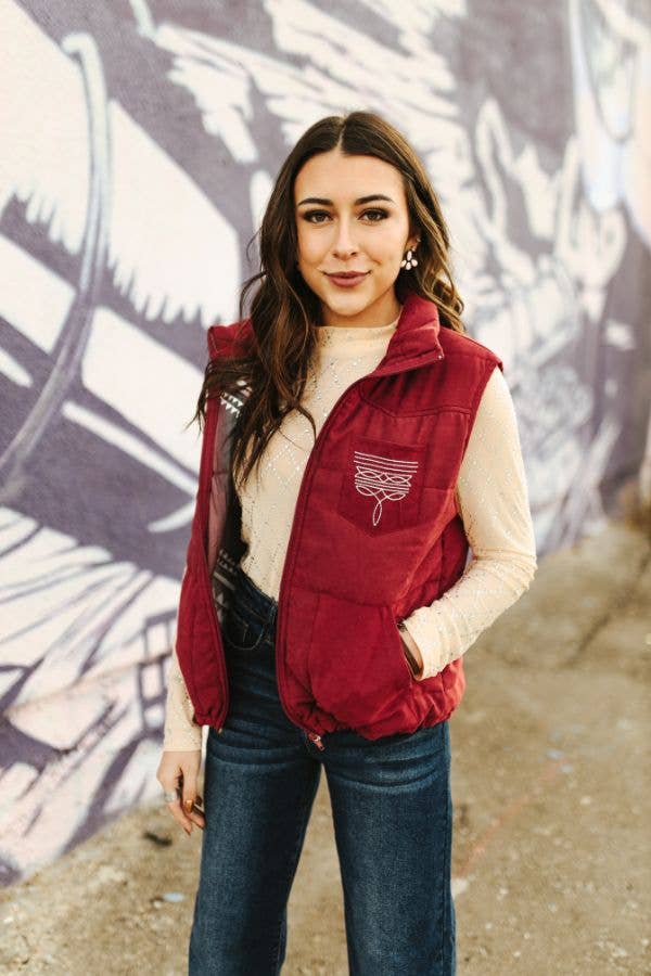 Plus Wine Puffer W Aztec Lining Boot Stitch Detail Vest