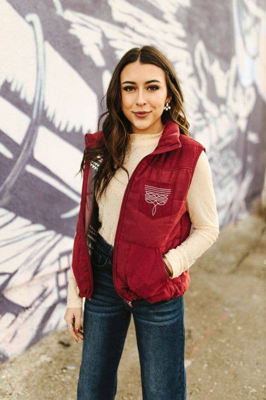 Plus Wine Puffer W Aztec Lining Boot Stitch Detail Vest