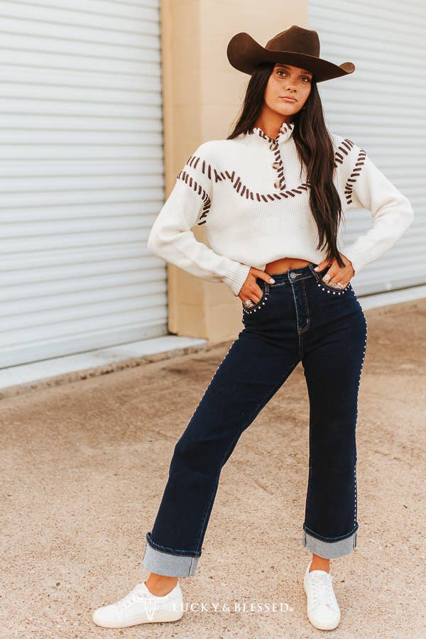 Ivory Brown Western Buckstitch Button Neck Sweater