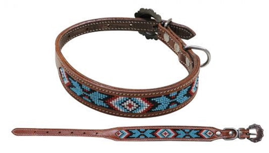 Turquoise/Red/White Beaded Inlay Leather Dog Collar w/ Copper buckle
