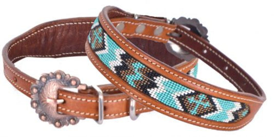 Beaded Inlay Leather Dog Collar Turquoise & Gold Cross