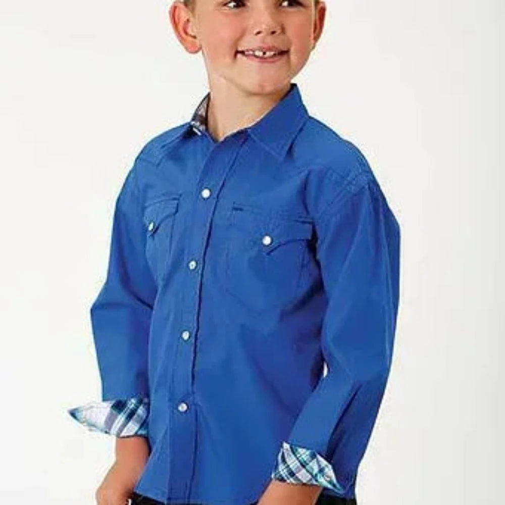 Roper Kids Boys Plaid Cuff Royal Blue Snap Up Long Sleeve Western Shirt