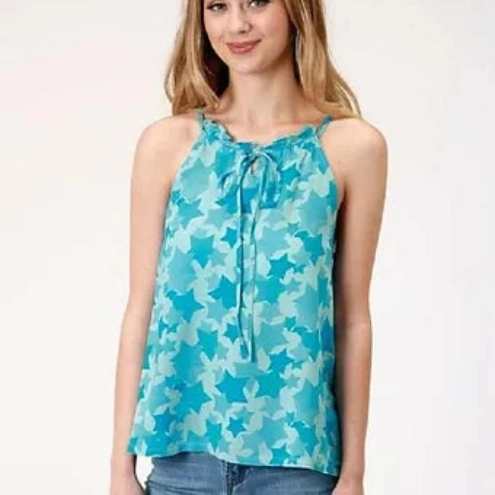 Roper Women's Light Blue Star Print Sleeveless Shirt Blouse