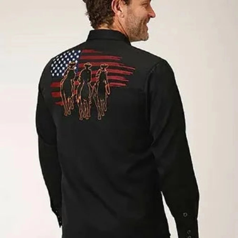 Roper Men's Black Old West Scene USA Flag Embroidery Western Shirt