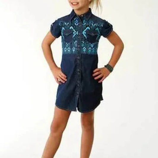 Roper Girls Denim Snap Button Up Blue Embellished S/S Dress 4061