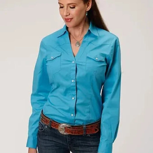 Women's Roper Turquoise Poplin Western V Neck Snap Shirt