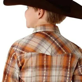 Roper Youth Boy's Rust Orange & Cream Plaid Snap Up Western Shirt