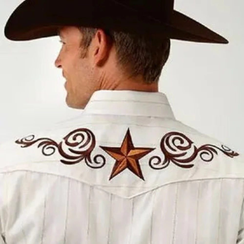 Roper Men's White Star Embroidery Stripe Western Shirt