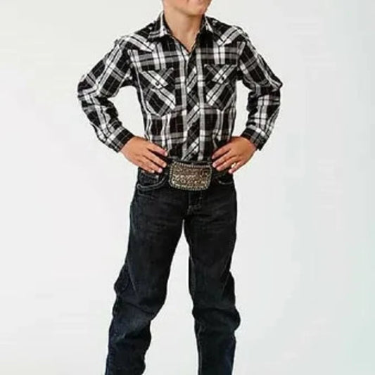 Roper Boy's Black & White PLAID WESTERN SHOW SHIRT w/ Silver