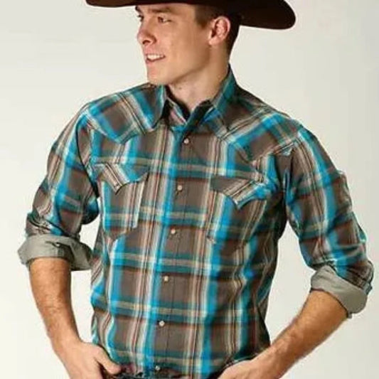 Men's Roper Brown Teal Plaid Western Shirt