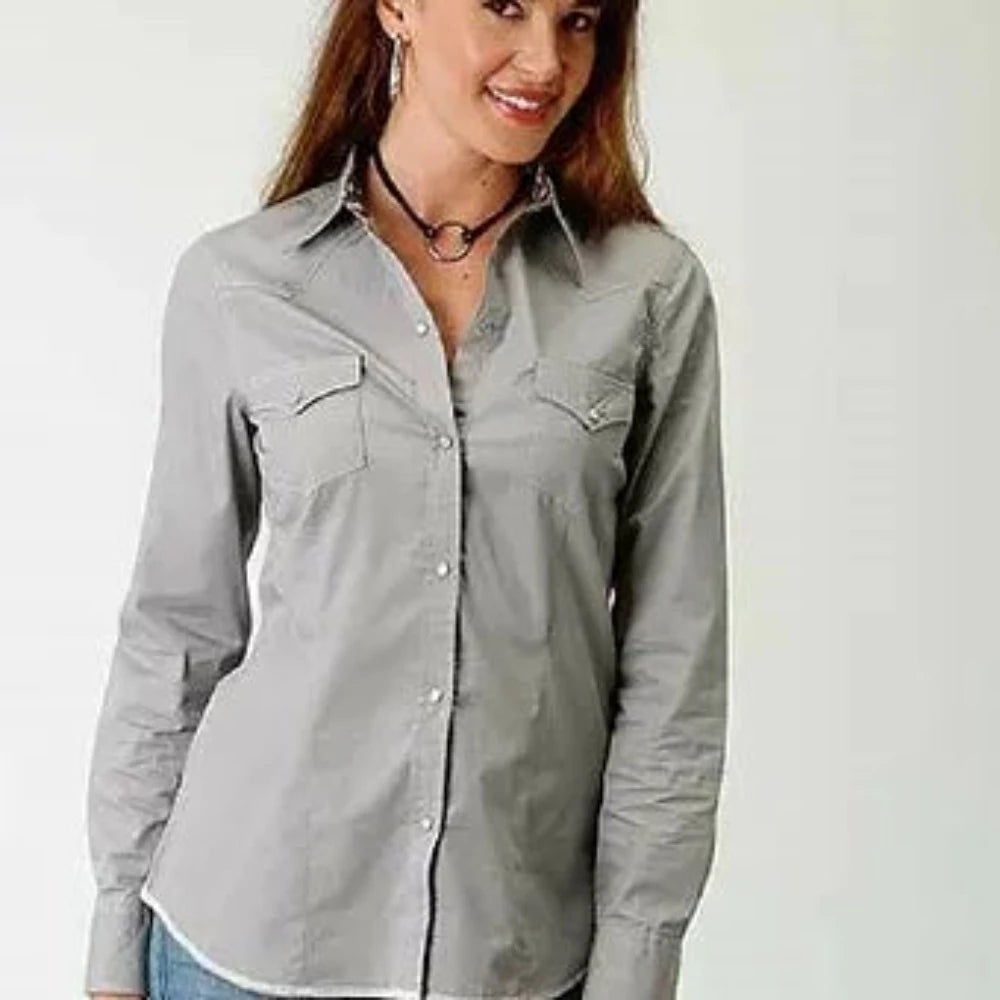 Roper Women's Solid Gray Poplin Snap Up Western Shirt