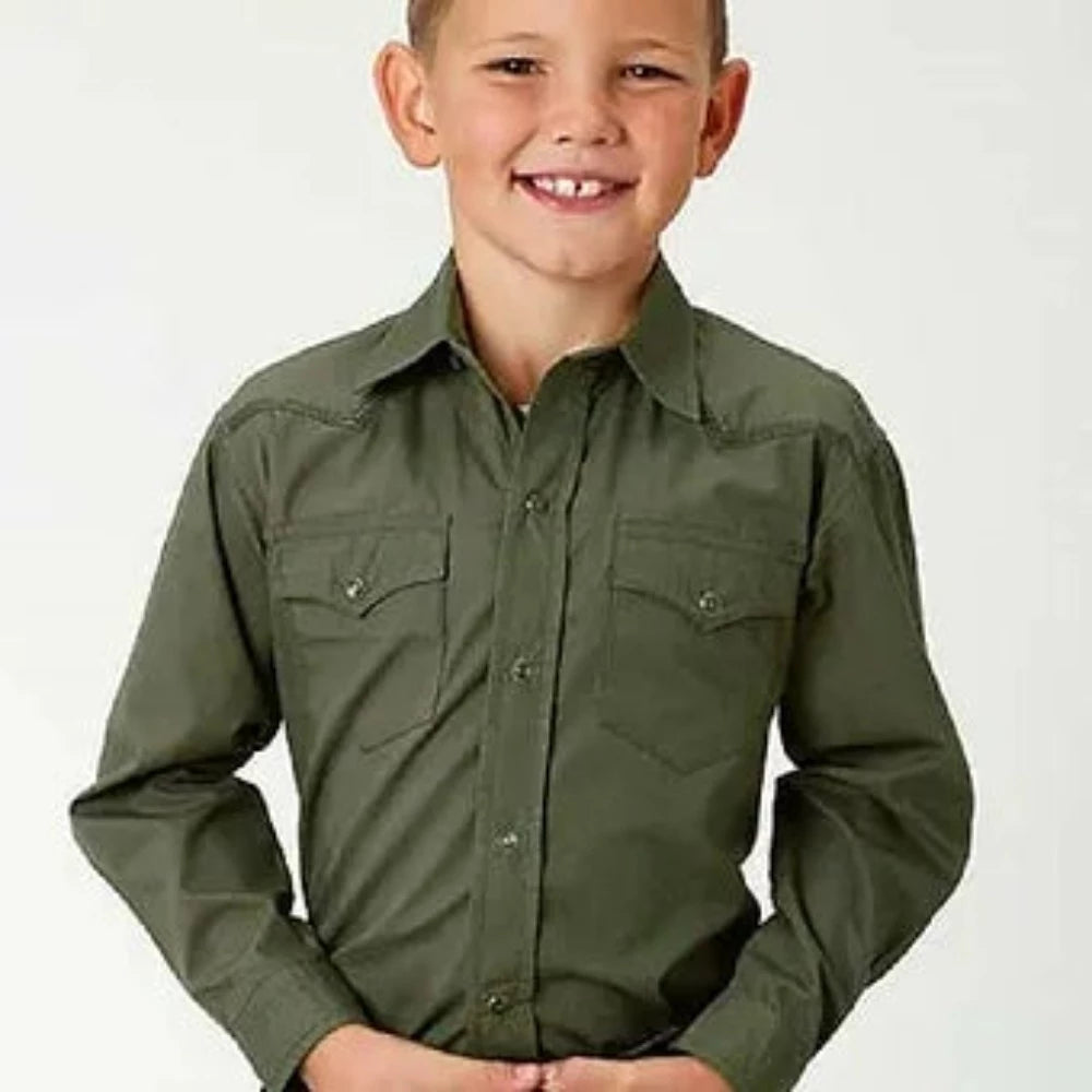 Roper Youth Boy's Solid Olive Green Poplin Snap Up Western Shirt