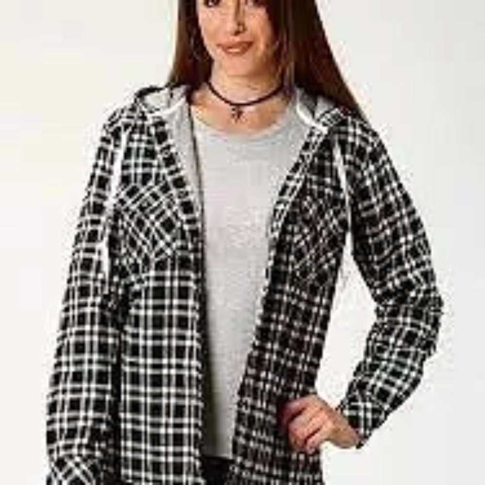 Roper Women's Black & White Flannel Lined Shirt Jacket w/ Hood