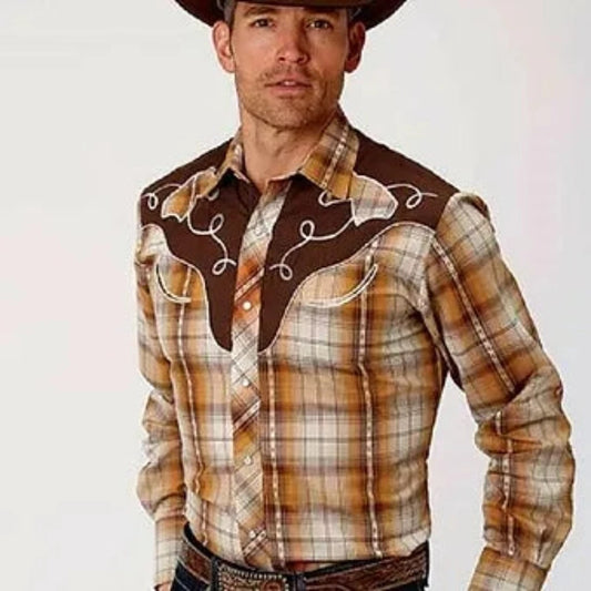 Roper Men's Rust & Cream w/ Horsehead Embroidery Snap Up Western Shirt