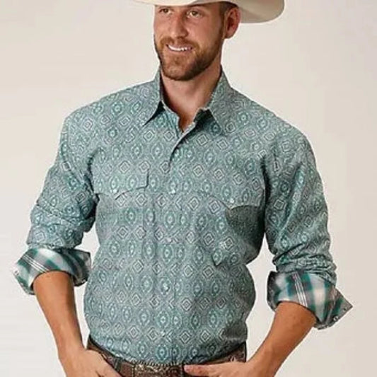 Roper Men's Long-Sleeve Jade Paisley Pearl Snap Up Western Shirt