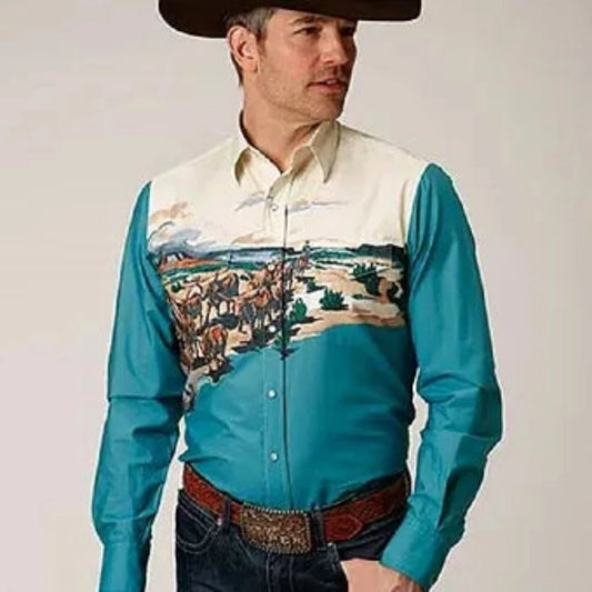 Roper Men's Cattle Drive Scene Snap Up Western Shirt